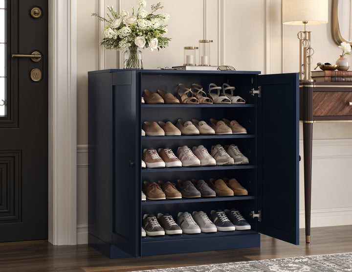 100% Solid Wood Shoe Storage Cabinet with Shaker Doors, Adjustable Shelves, Space Saving Stackable Entryway Organizer, 32" W x 35.75" H
