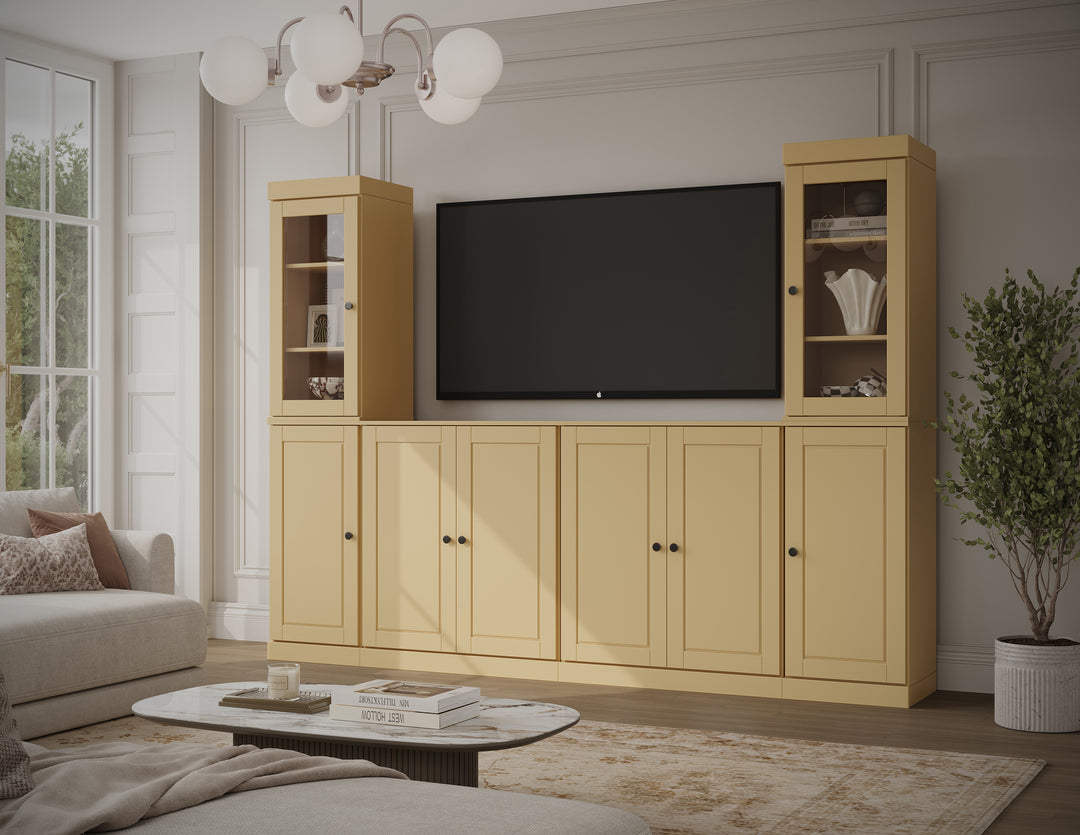 100% Solid Wood 6-Piece Entertainment Center Wall Unit with Storage, Glass & Raised Panel Doors, Adjustable Shelves, 97" W x 71.5" H