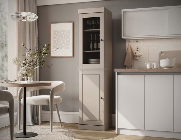 100% Solid Brazilian Pine Wood Pantry Cabinet, Raised Panel & Clear Glass Doors, Adjustable Shelves, 16.5" Wide, 71.5" Tall