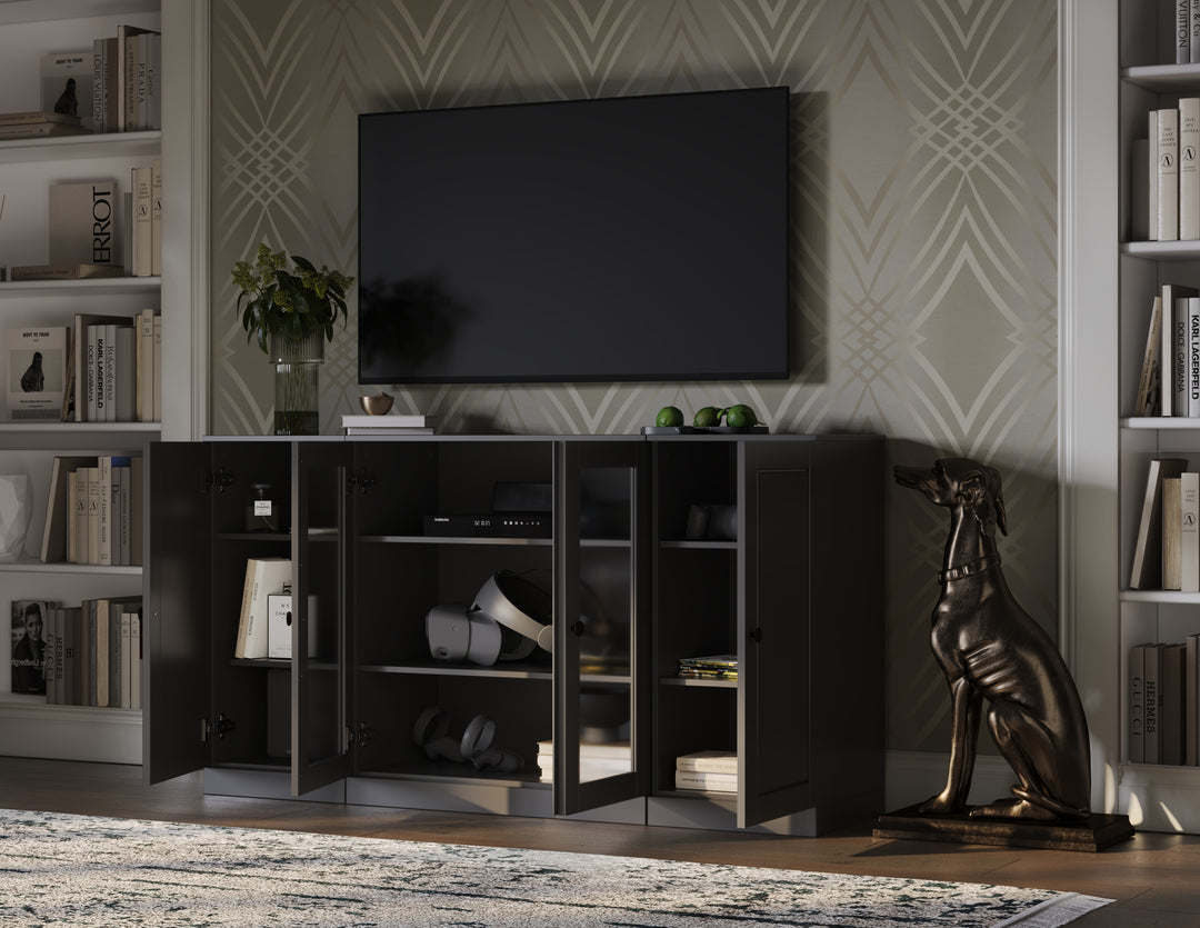 100% Solid Wood TV Stand for TVs up to 65" with Clear Glass, Raised Panel Doors, Adjustable Shelves