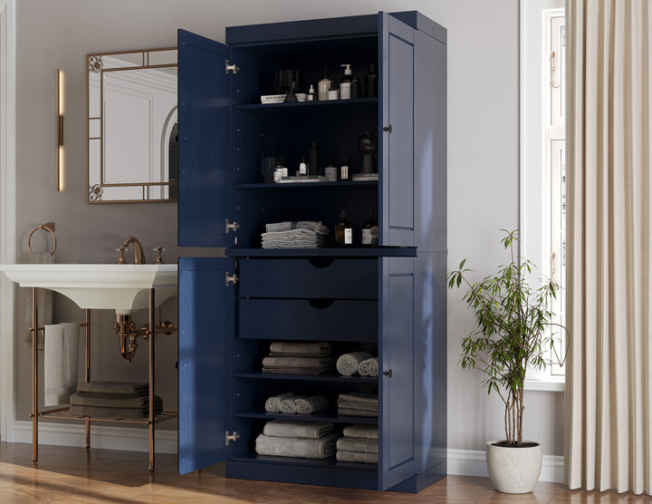 100% Solid Brazilian Pine Wood Bathroom Storage Cabinet, Raised Panel Doors, 2 Drawers, Adjustable Shelves, 32" Wide, 71.5" Tall