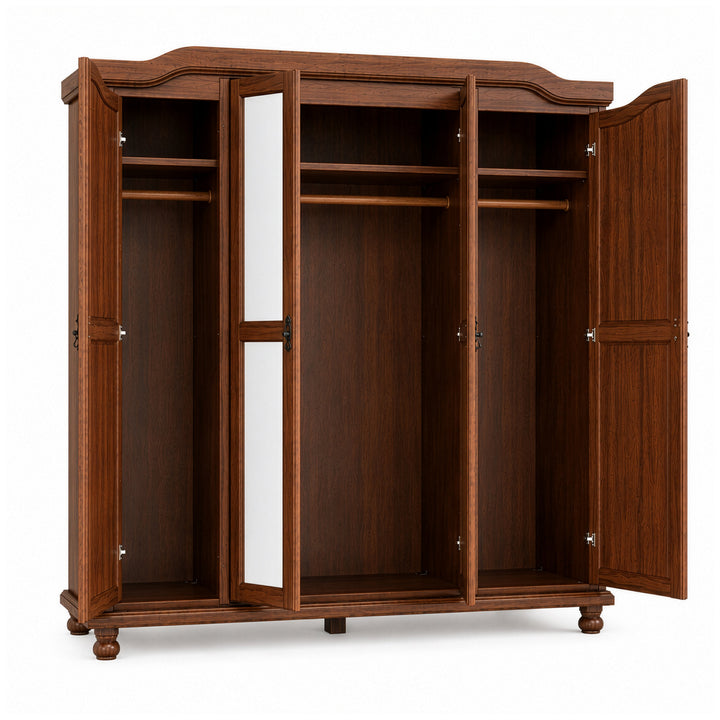 100% Solid Wood 4-Door Wardrobe Armoire with Mirrored Doors, Bedroom Closet Storage - Kyle Collection