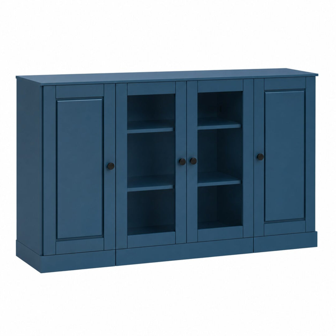 100% Solid Wood TV Stand with Raised Panel, Clear Glass Doors and Adjustable Shelves for TVs up to 65"