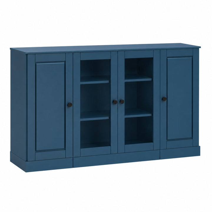 100% Solid Wood TV Stand with Raised Panel, Clear Glass Doors and Adjustable Shelves for TVs up to 65"