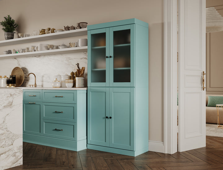 100% Solid Wood 32" Pantry Cabinet, 2 Frosted Glass, 2 Shaker Wood Doors, 2-Drawers