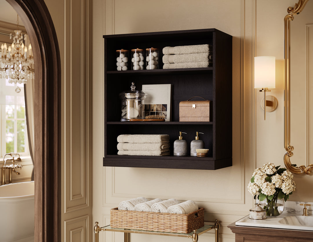 Premium 100% Solid European Oak Bathroom Wall Cabinet, Open Shelving, 32" W x 35.75" H
