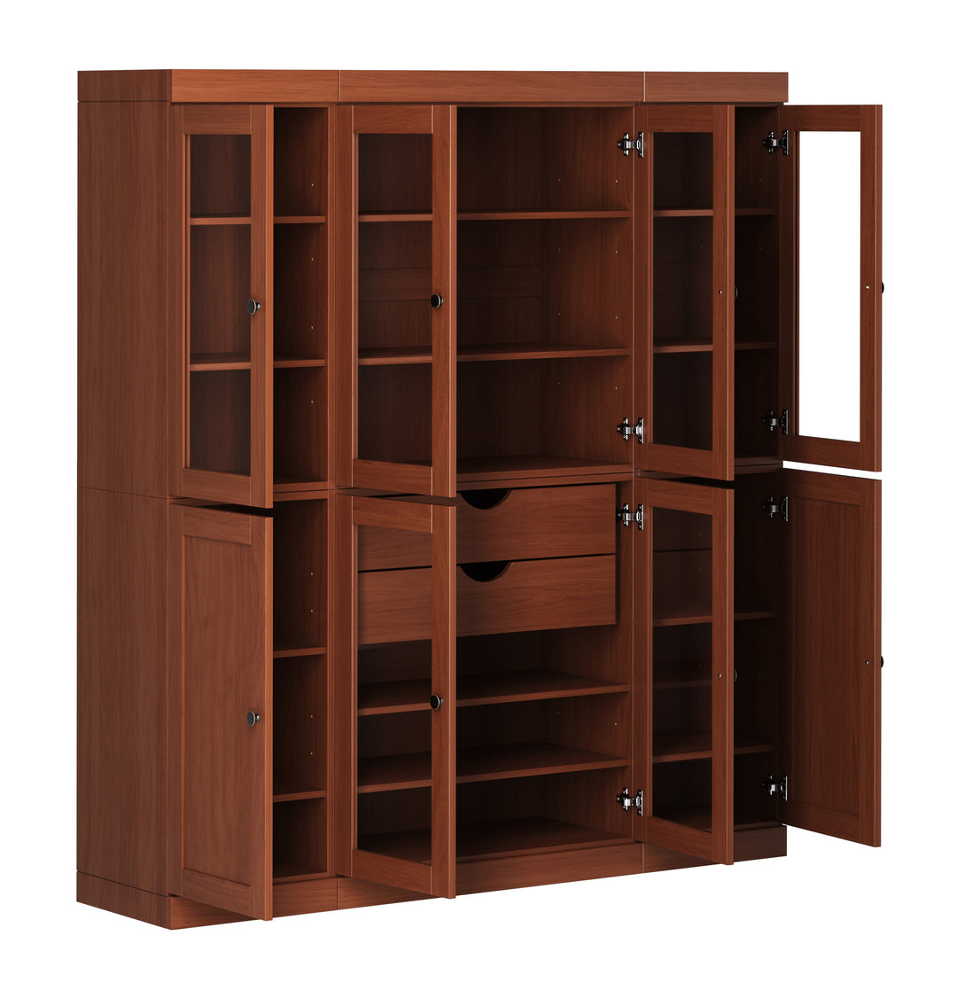 100% Solid Wood 65" China Pantry Cabinet, 6 Glass, 2 Shaker Wood Doors, 2 Drawers