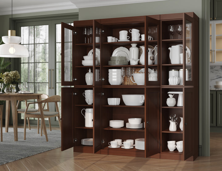 100% Solid Wood 65" China Pantry Cabinet, 4 Clear Glass, 4 Shaker Wood Doors