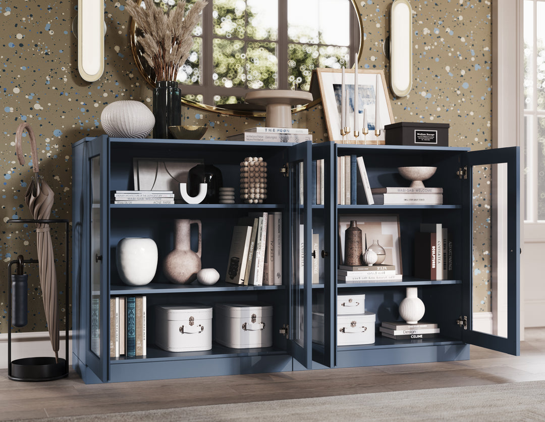 100% Solid Wood 64" Sideboard Cabinet with Clear Glass Doors, Adjustable Shelves