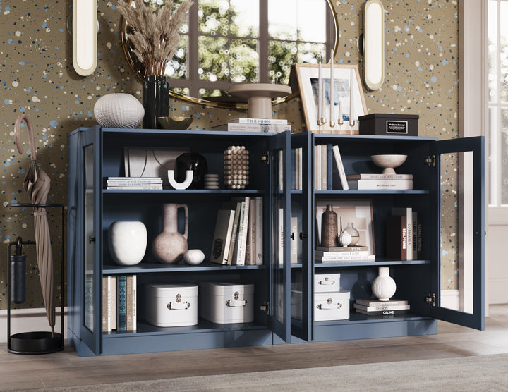 100% Solid Wood 64" Sideboard Cabinet with Clear Glass Doors, Adjustable Shelves