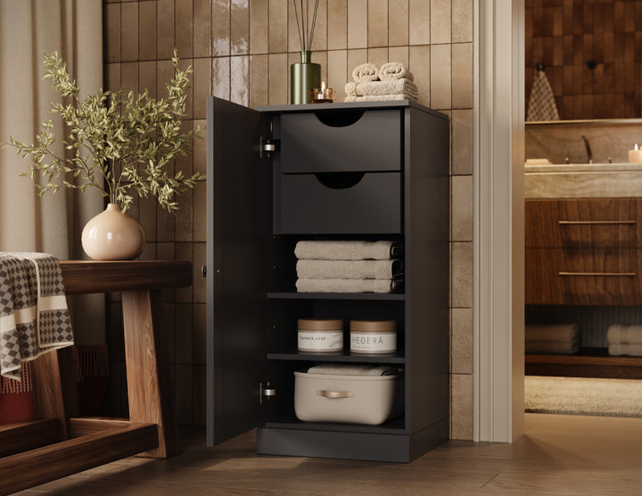 100% Solid Wood Bathroom Storage Cabinet, Raised Panel Door, 2 Drawers, Adjustable Shelves, 16.5" Wide, 35.75" Tall