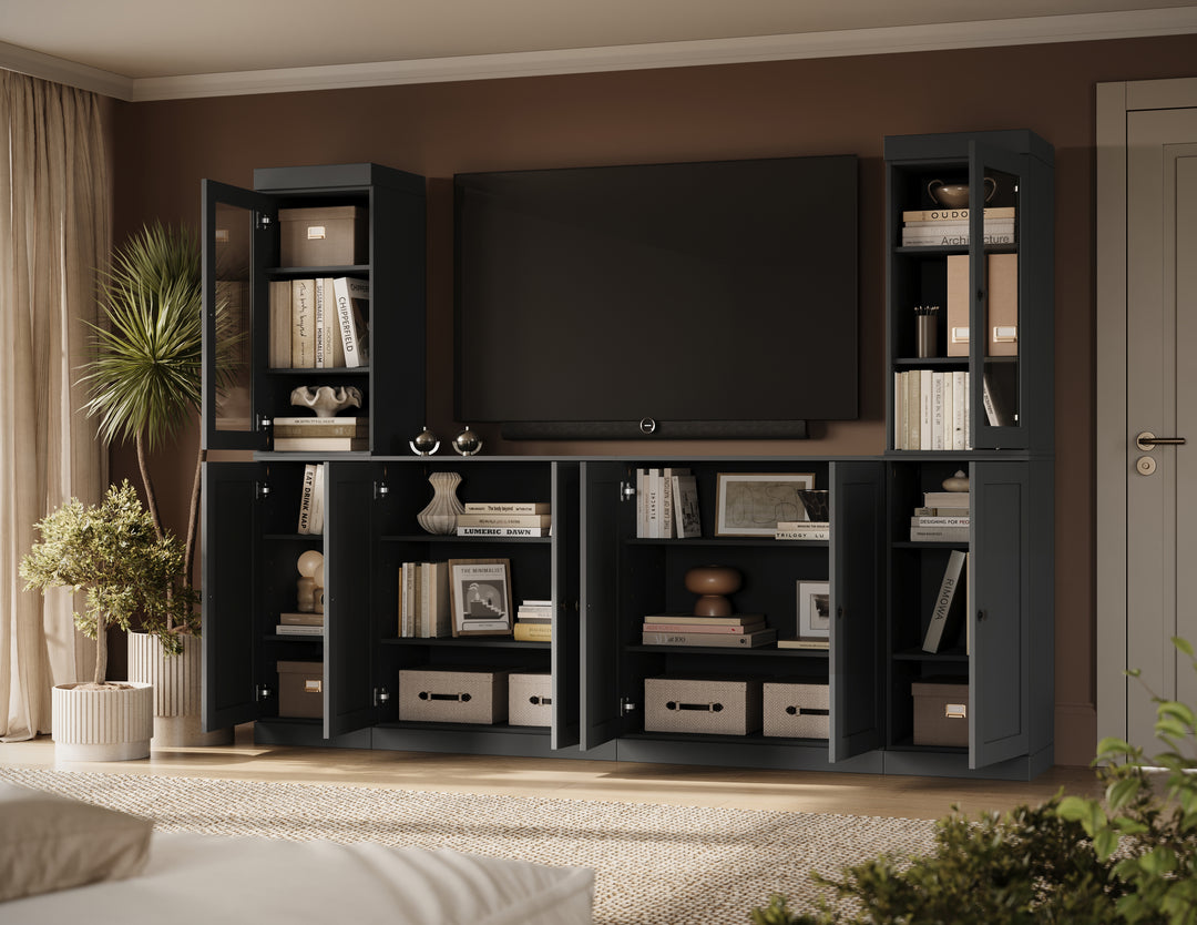 100% Solid Wood 6-Piece Entertainment Center Wall Unit with Storage, Glass & Shaker Doors, Adjustable Shelves, 97" W x 71.5" H