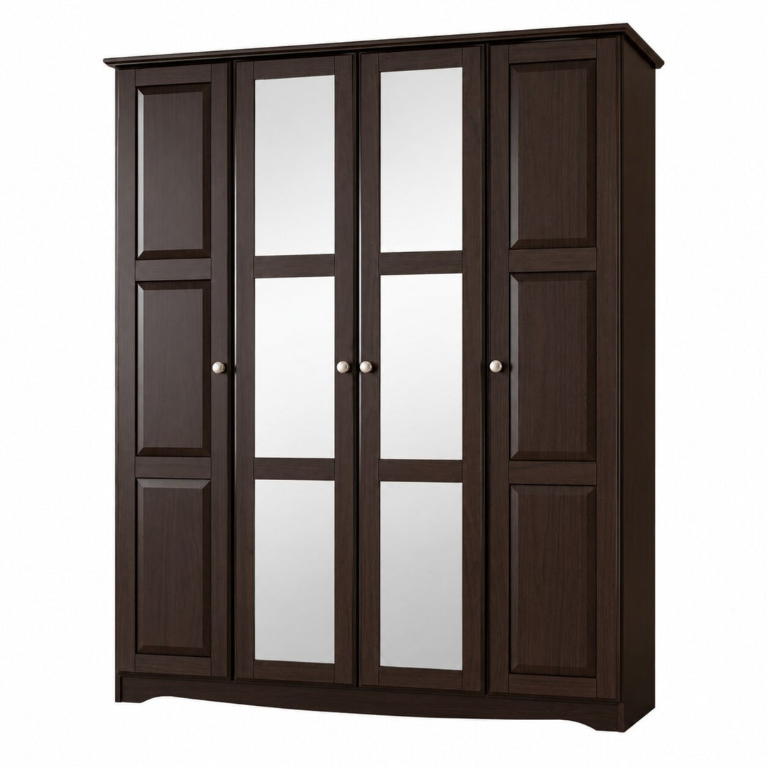 100% Solid Wood 4-Door Wardrobe Armoire with Mirrored Doors, Bedroom Closet Storage - Regal Collection with Metal Knobs