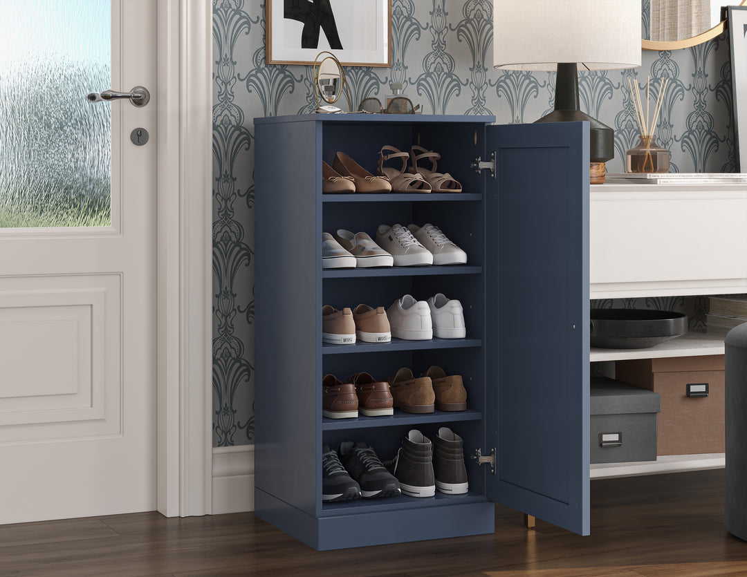 100% Solid Wood Narrow Shoe Storage Cabinet with Shaker Door, Adjustable Shelves, Space Saving Stackable Organizer, 16.5" W x 35.75" H