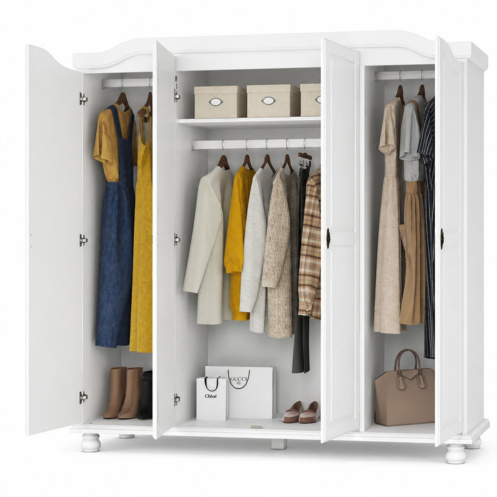 100% Solid Wood 4-Door Wardrobe Armoire with Raised Panel Doors, Bedroom Closet Storage - Kyle Collection