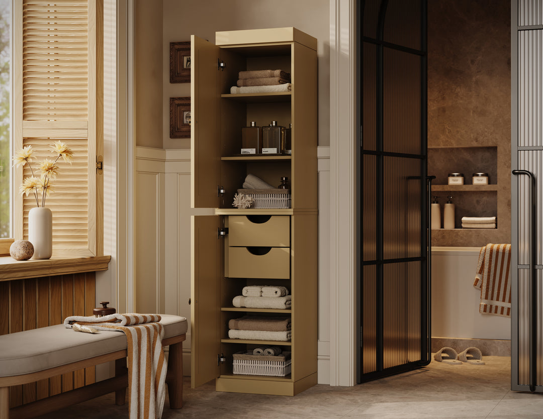 100% Solid Wood Bathroom Storage Cabinet, Raised Panel Doors, 2 Drawers, Adjustable Shelves, 16.5" Wide, 71.5" Tall