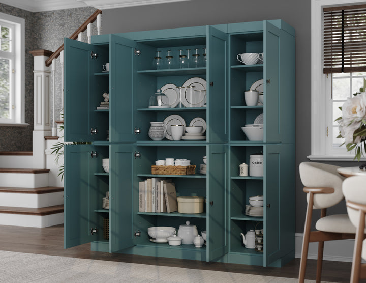 100% Solid Wood 65" Pantry Cabinet, 8 Shaker Wood Doors
