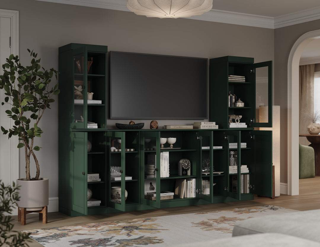100% Solid Wood 7-Piece Entertainment Center Wall Unit with Storage, Glass & Shaker Doors, Adjustable Shelves, 98" W x 71.5" H