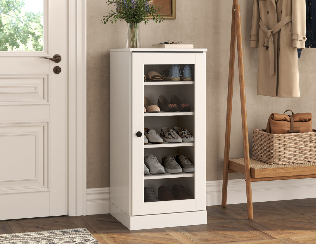100% Solid Wood Narrow Glass Door Shoe Storage Cabinet with Adjustable Shelves, Space Saving Stackable Organizer, 16.5" W x 35.75" H