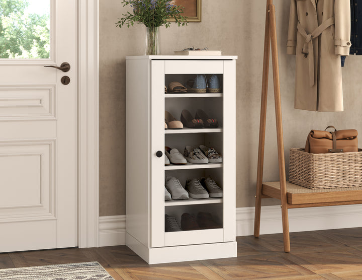 100% Solid Wood Narrow Glass Door Shoe Storage Cabinet with Adjustable Shelves, Space Saving Stackable Organizer, 16.5" W x 35.75" H