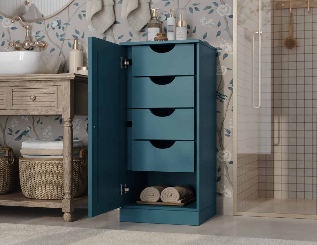 100% Solid Wood Bathroom Storage Cabinet, Raised Panel Door, 4 Drawers, Adjustable Shelves, 16.5" Wide, 35.75" Tall