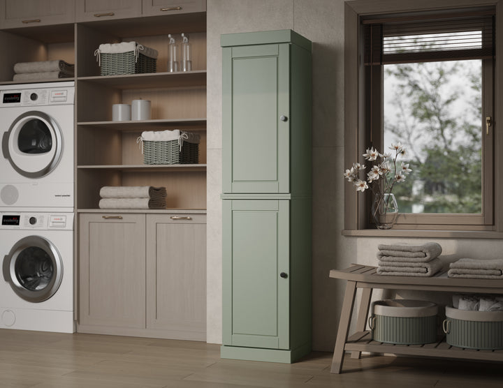 100% Solid Wood Bathroom Storage Cabinet, Raised Panel Doors, 2 Drawers, Adjustable Shelves, 16.5" Wide, 71.5" Tall