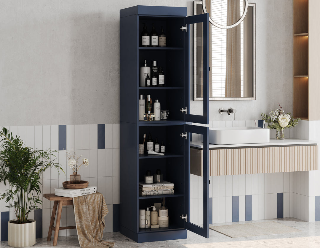 100% Solid Wood 16.5" Tall Bathroom Cabinet, Glass Doors, Adjustable Shelves