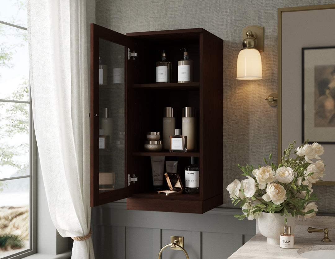 Premium 100% Solid European Oak Bathroom Wall Cabinet with Tinted Glass Doors, 16" W x 35.75" H