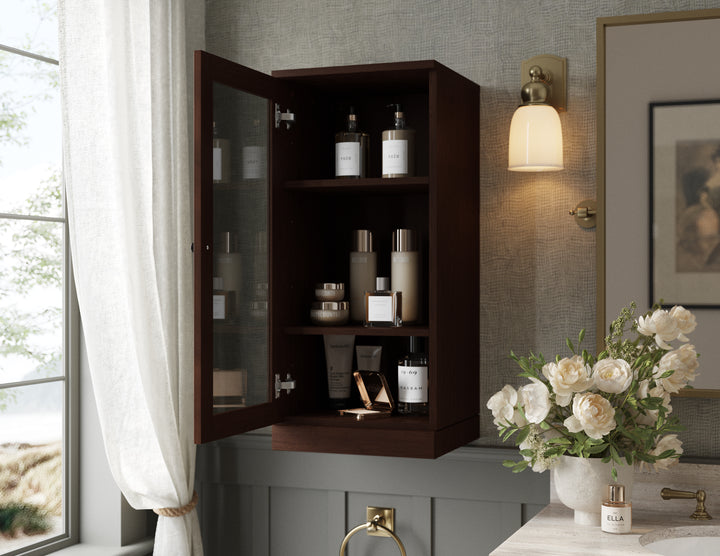 Premium 100% Solid European Oak Bathroom Wall Cabinet with Tinted Glass Doors, 16" W x 35.75" H