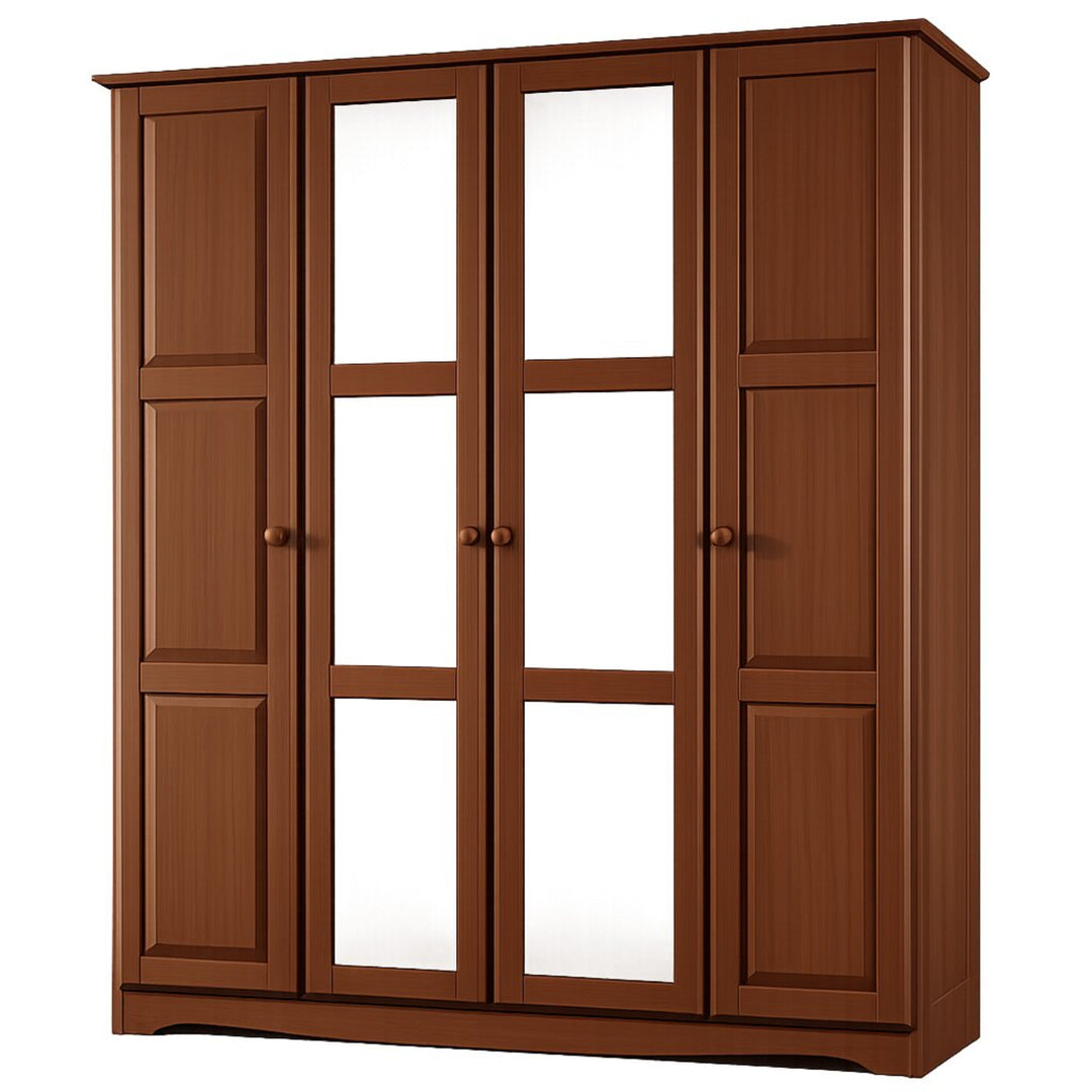 100% Solid Wood 4-Door Wardrobe Armoire with Mirrored Doors, Bedroom Closet Storage - Regal Collection