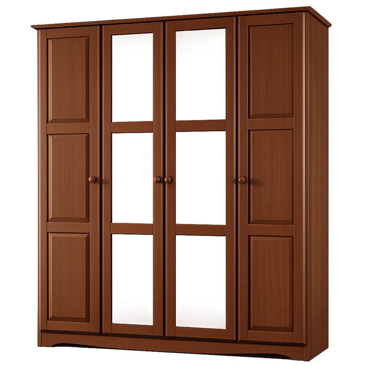 100% Solid Wood 4-Door Wardrobe Armoire with Mirrored Doors, Bedroom Closet Storage - Regal Collection