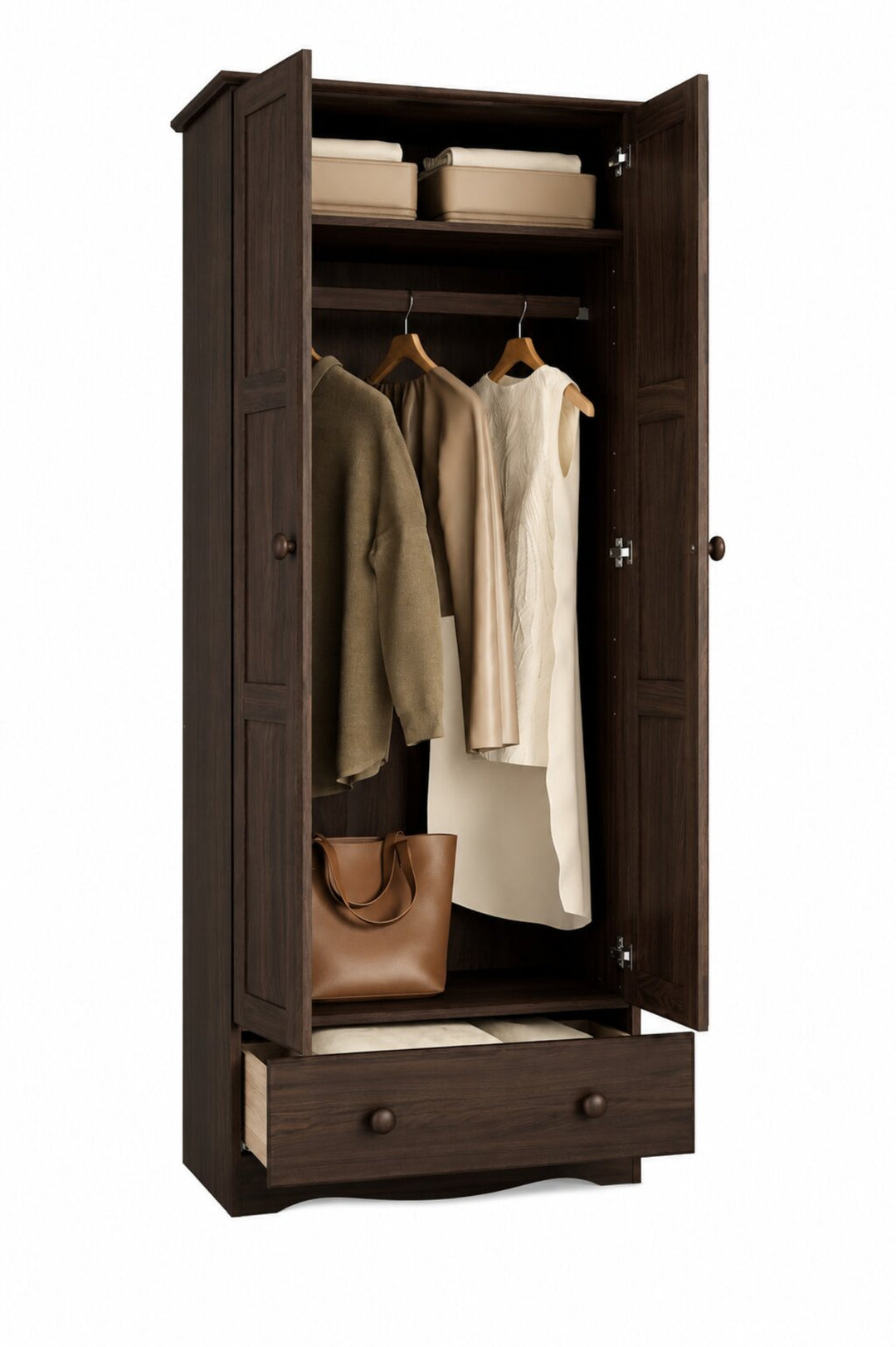 100% Solid Wood 2-Door Wardrobe Armoire with Raised Panel Doors, Bedroom Closet Storage - Flexible Collection