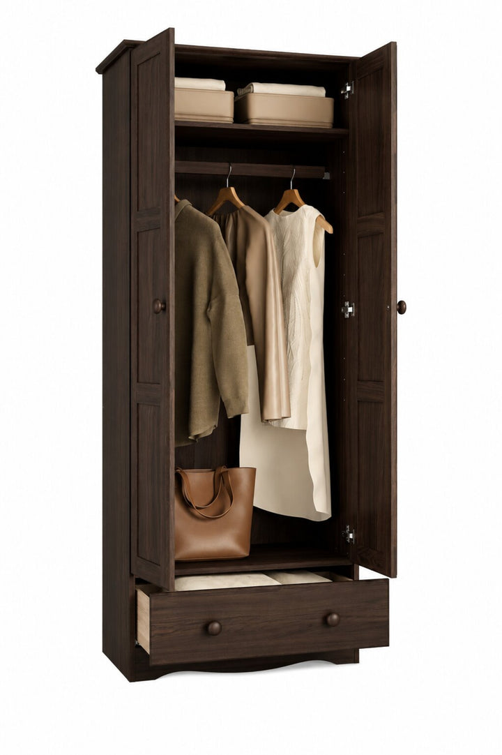 100% Solid Wood 2-Door Wardrobe Armoire with Raised Panel Doors, Bedroom Closet Storage - Flexible Collection