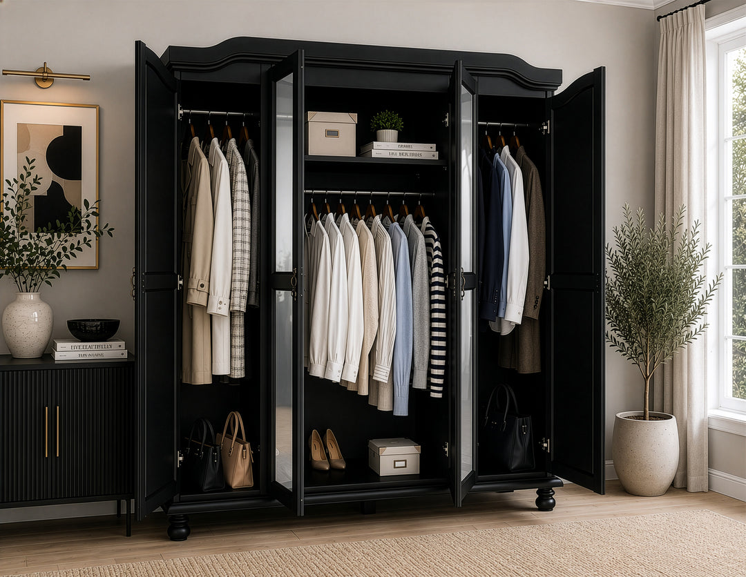 100% Solid Wood 4-Door Wardrobe Armoire with Mirrored Doors, Bedroom Closet Storage - Kyle Collection
