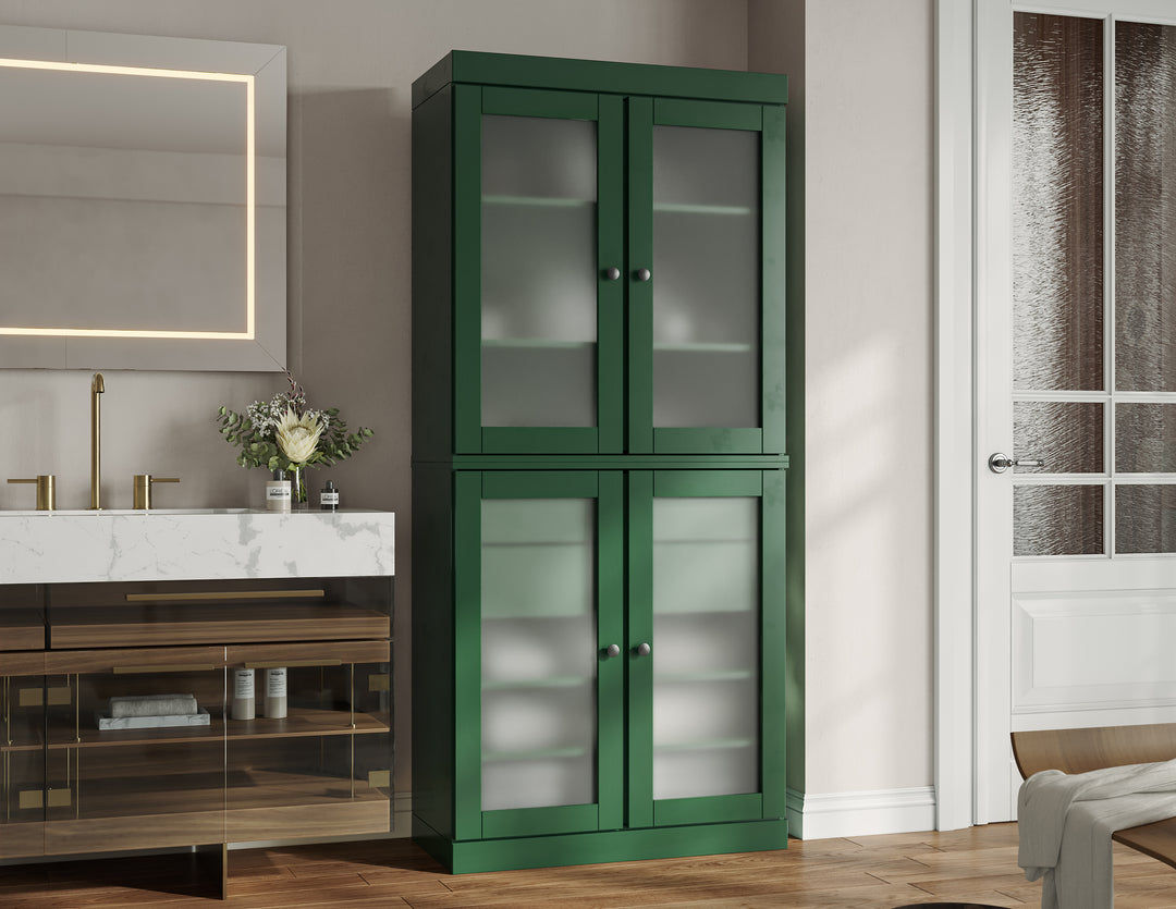 100% Solid Wood Tall Freestanding Modular Bathroom Linen Storage Cabinet with Frosted Glass Doors, 2 Drawers, Adjustable Shelves, 32" W x 71.5" H