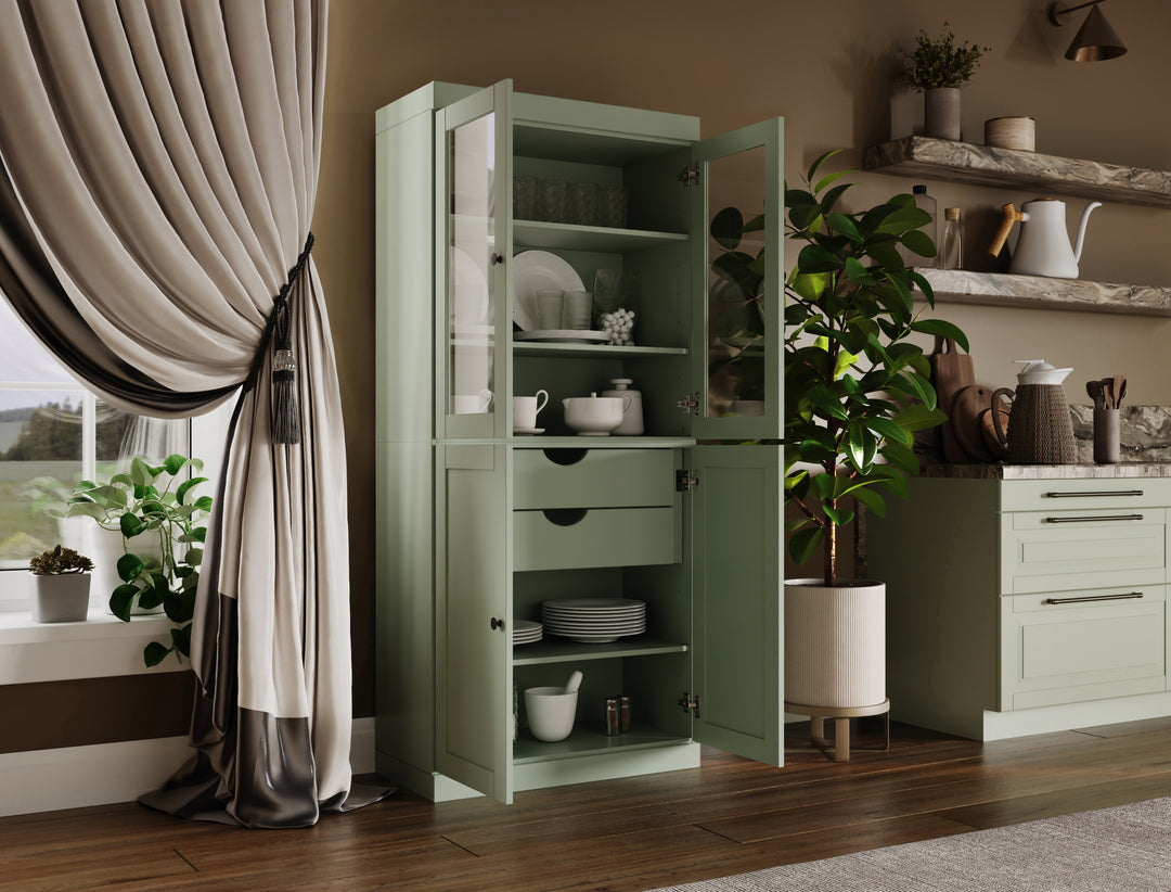 100% Solid Wood 32" Pantry Cabinet, 2 Clear Glass, 2 Shaker Doors, 2-Drawers