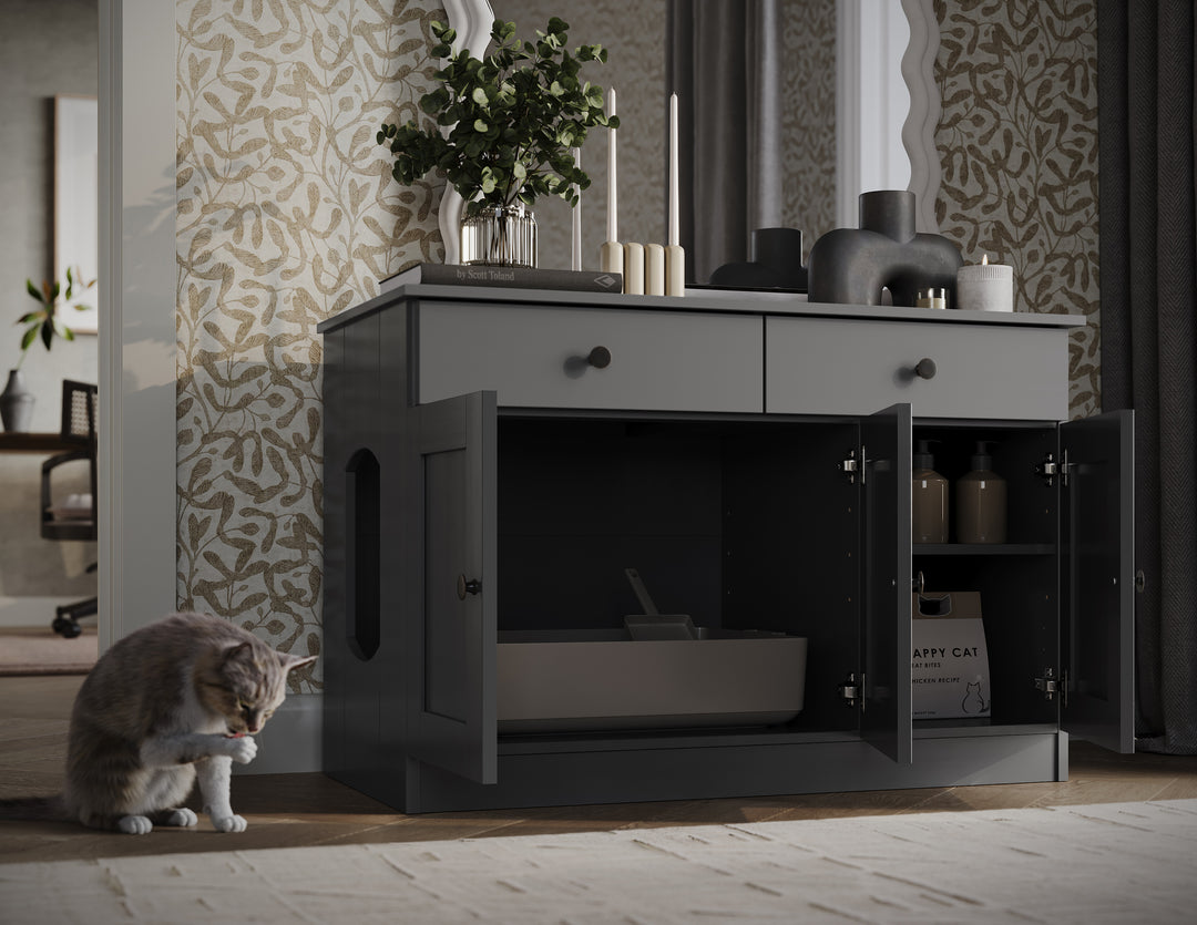 100% Solid Wood Ziva 3-Door Cat Litter Box Enclosure