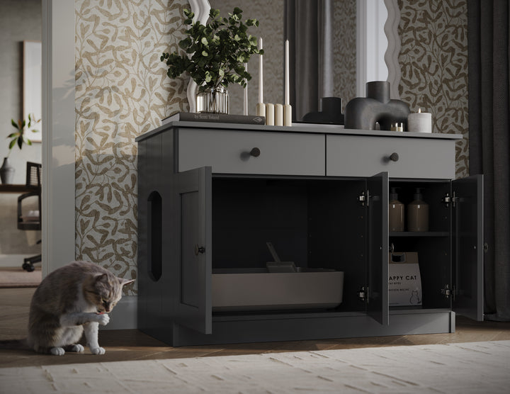 100% Solid Wood Ziva 3-Door Cat Litter Box Enclosure