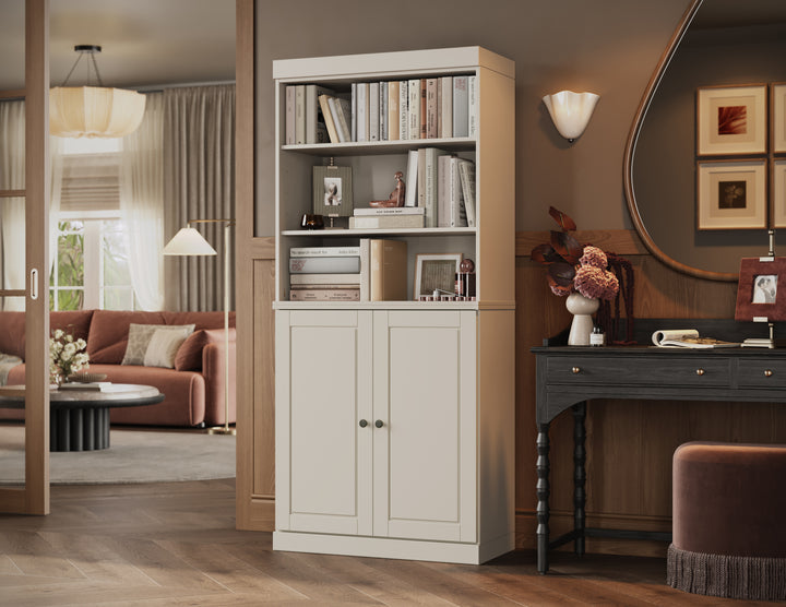 100% Solid Wood Tall Modular Bookcase Cabinet with Doors & Open Shelves, Storage Display Bookshelf with Adjustable Shelves, 32" W x 71.5" H