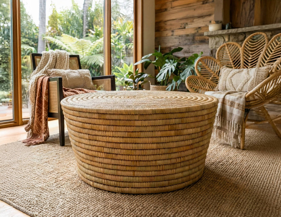 100% Handwoven Natural Rattan Round Indoor Coffee Table, Handcrafted Boho Farmhouse Accent Furniture – Authentic African Craftsmanship, Tables - Palace Imports