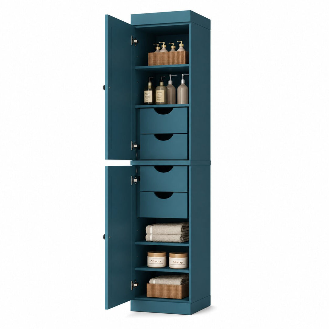 100% Solid Wood Bathroom Storage Cabinet, Shaker Doors, 4 Drawers, Adjustable Shelves, 16.5" Wide, 71.5" Tall