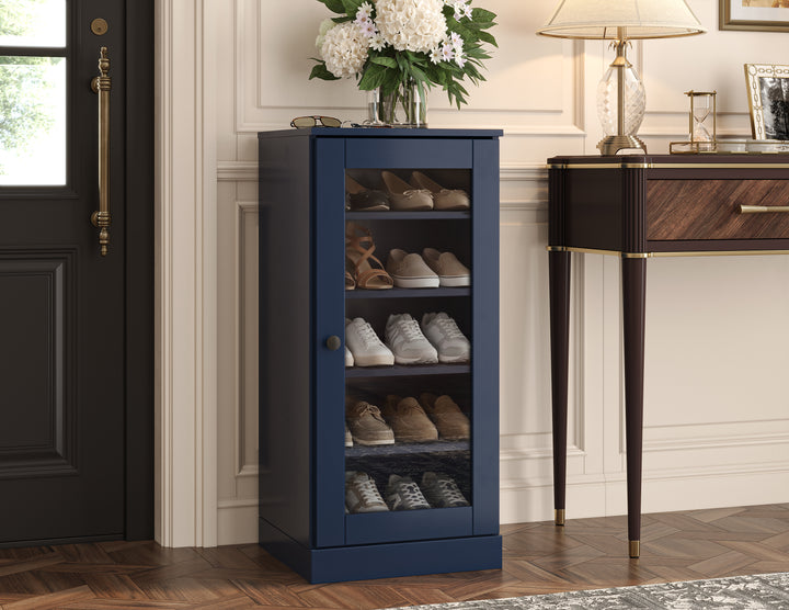 100% Solid Wood Narrow Glass Door Shoe Storage Cabinet with Adjustable Shelves, Space Saving Stackable Organizer, 16.5" W x 35.75" H