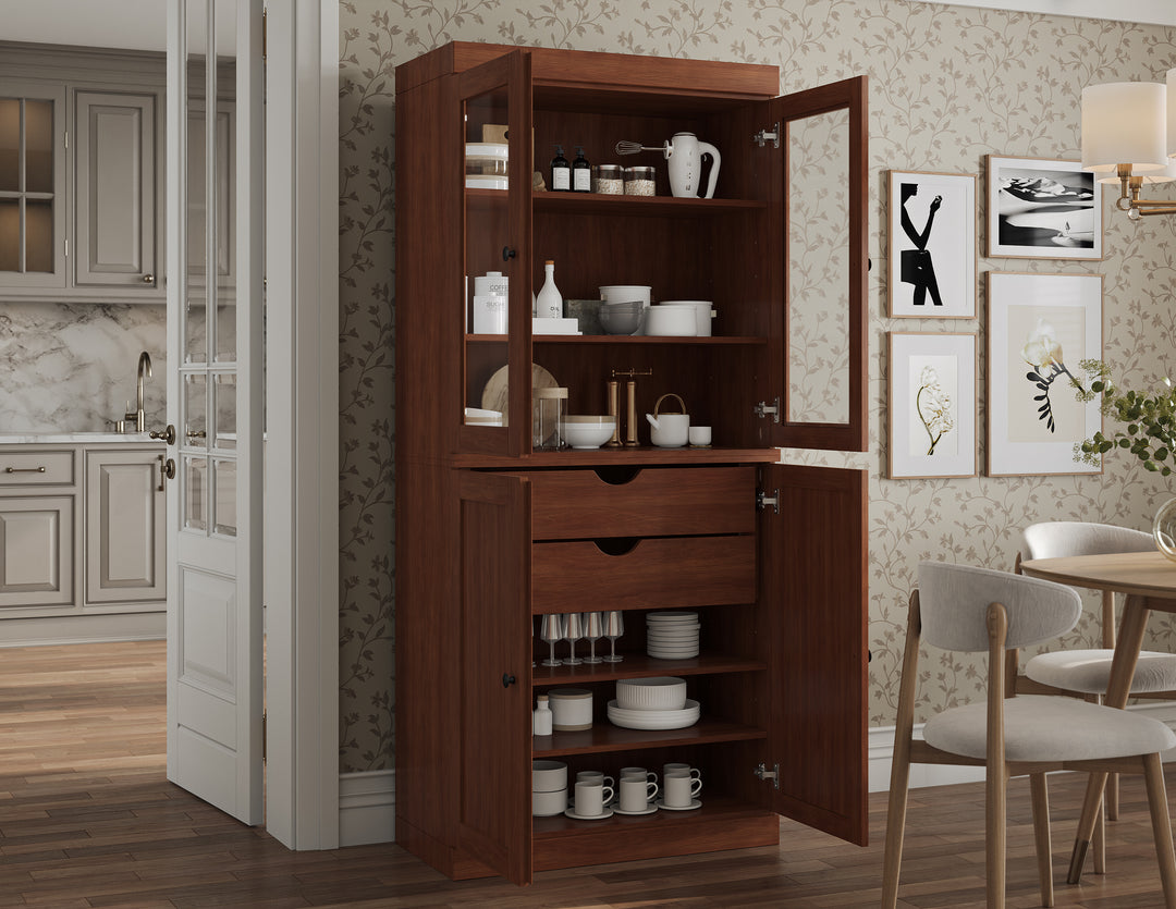 100% Solid Brazilian Pine Wood Pantry Cabinet, Shaker & Clear Glass Doors, 2 Drawers, Adjustable Shelves, 32" Wide, 71.5" Tall
