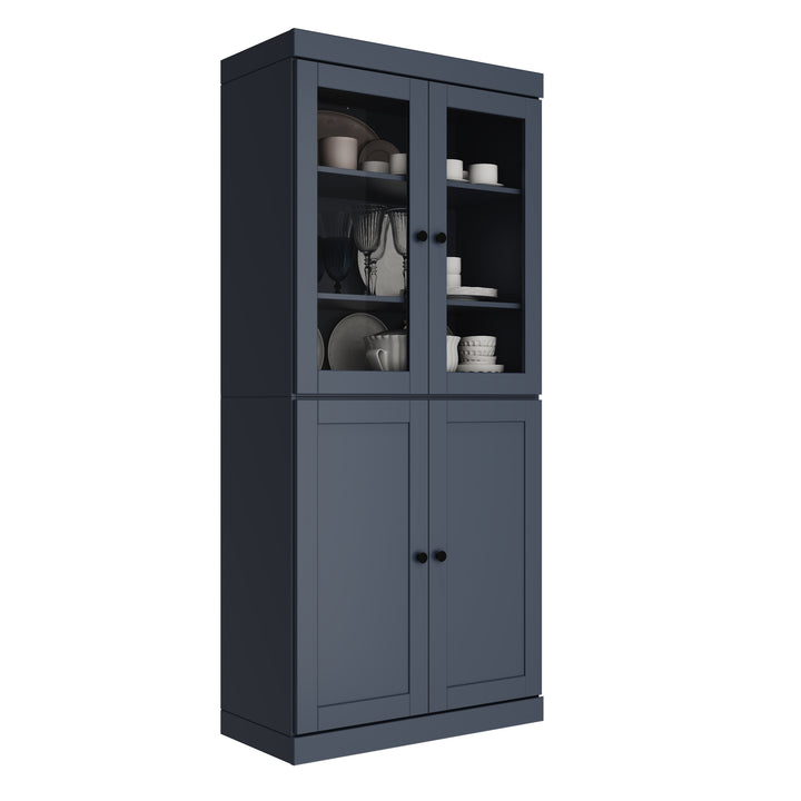 100% Solid Wood 32" Pantry Cabinet, 2 Clear Glass, 2 Shaker Doors, 2-Drawers