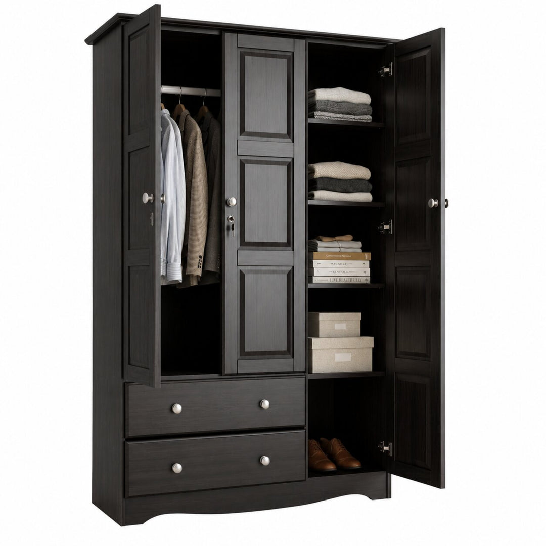 100% Solid Wood 3-Door Wardrobe Armoire with Raised Panel Doors, Bedroom Closet Storage - Grand Collection with Metal Knobs