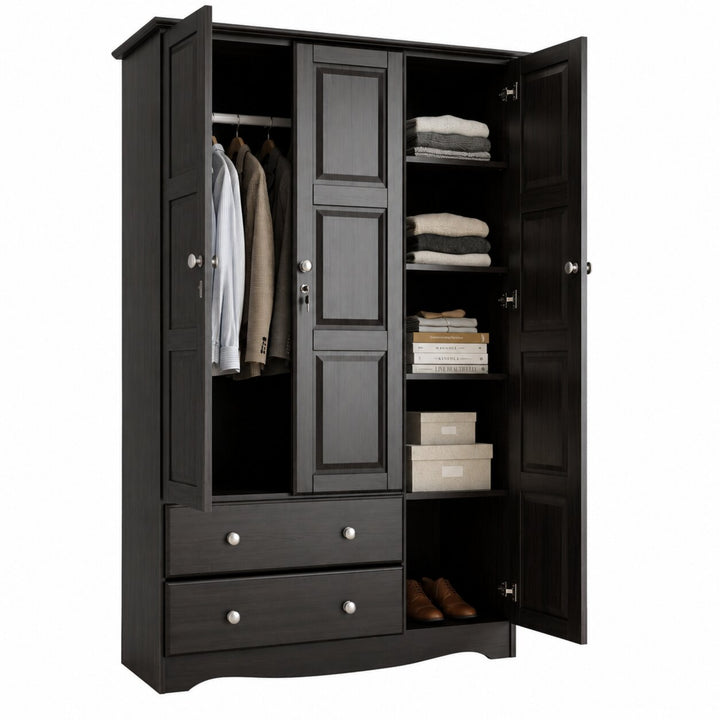 100% Solid Wood 3-Door Wardrobe Armoire with Raised Panel Doors, Bedroom Closet Storage - Grand Collection with Metal Knobs