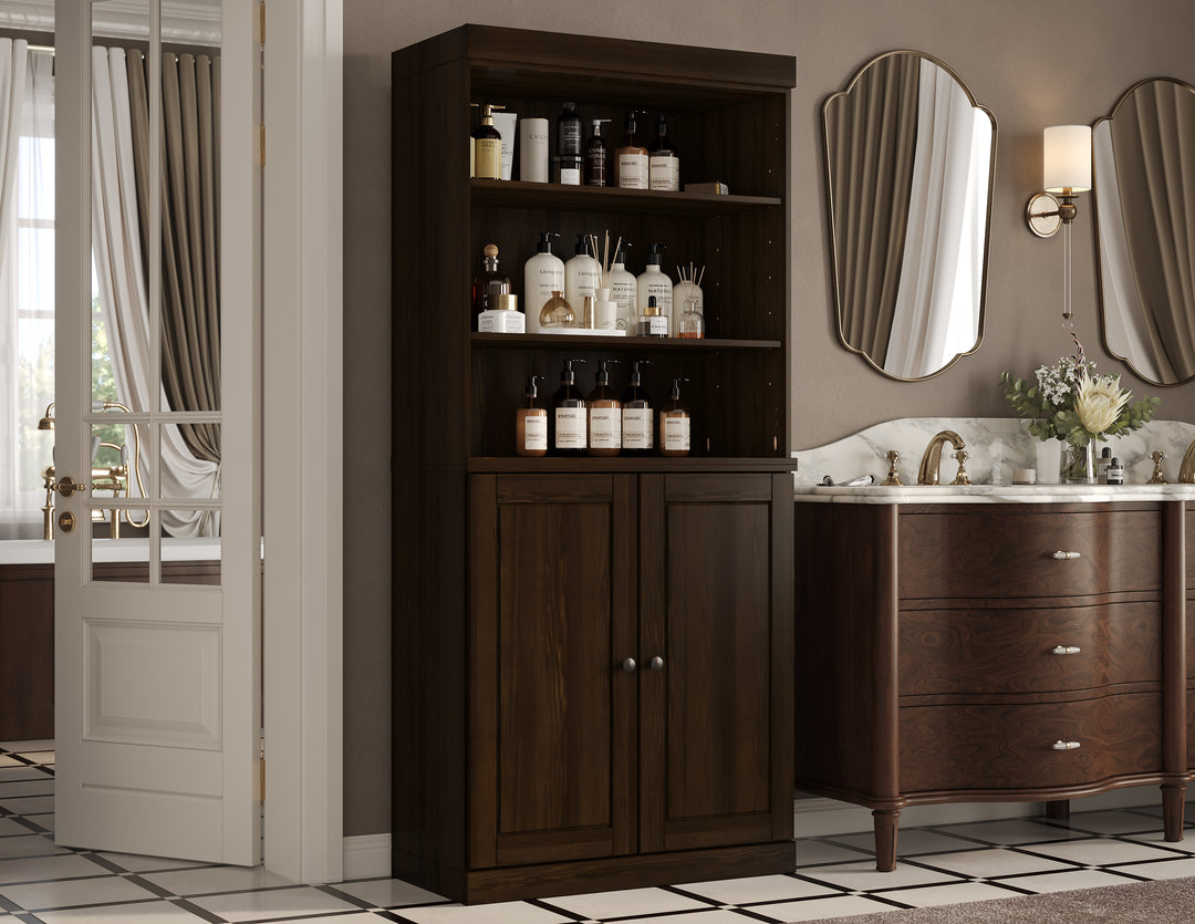 100% Solid Wood Tall Freestanding Modular Bathroom Linen Storage Cabinet with Open Shelf & Raised Panel Doors, Adjustable Shelves, 32" W x 71.5" H