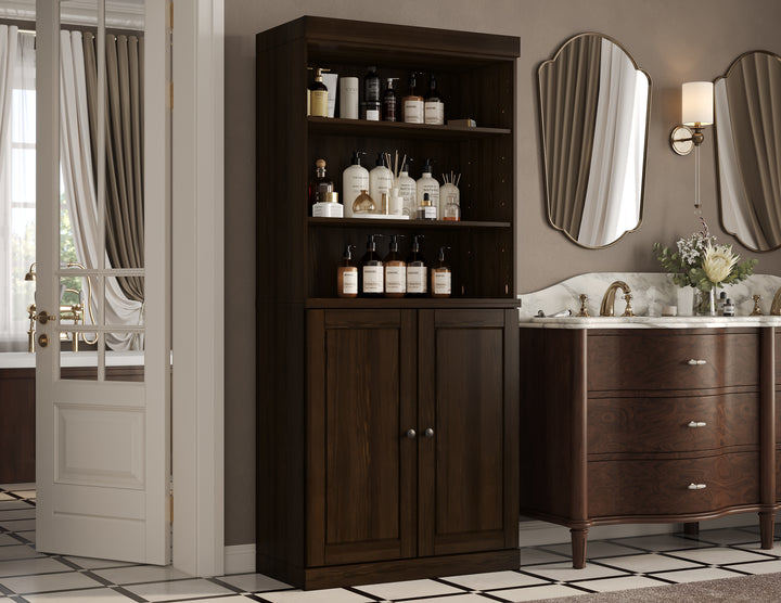 100% Solid Wood Tall Freestanding Modular Bathroom Linen Storage Cabinet with Open Shelf & Raised Panel Doors, Adjustable Shelves, 32" W x 71.5" H