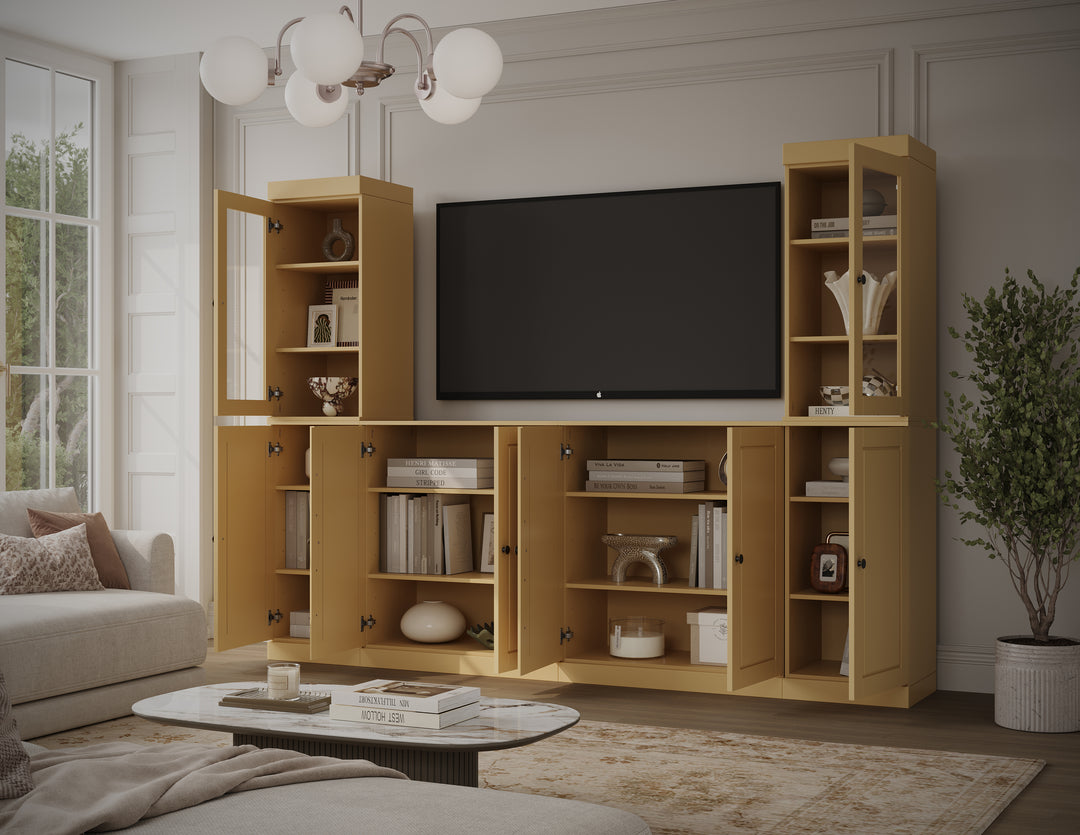 100% Solid Wood 6-Piece Entertainment Center Wall Unit with Storage, Glass & Raised Panel Doors, Adjustable Shelves, 97" W x 71.5" H