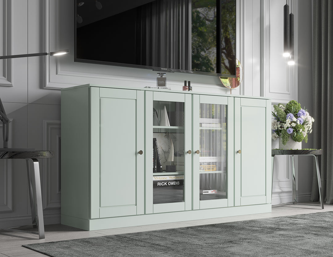 100% Solid Wood TV Stand for TVs up to 65" with Clear Glass, Raised Panel Doors, Adjustable Shelves